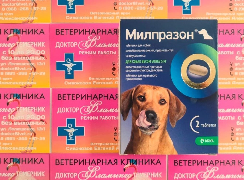 ветеринарная клиника, доктор фламинго темерник, ростов на дону , лелюшенко 13/1,Милпразон таблетки для собак весом более 5 кг, уп. 2 таб 12,5-125 мг/таб, на 10-25кг/таблетка